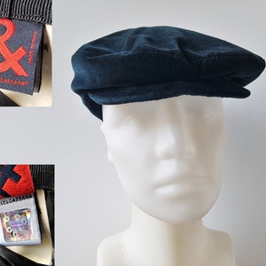 Vintage 90s DOLCE & GABANNA Classic Velvet Newsboy Cap Dark Prussian Blue Cabbie Flat Hat with Snap Brim Made in Italy Authentic Hologram image 2