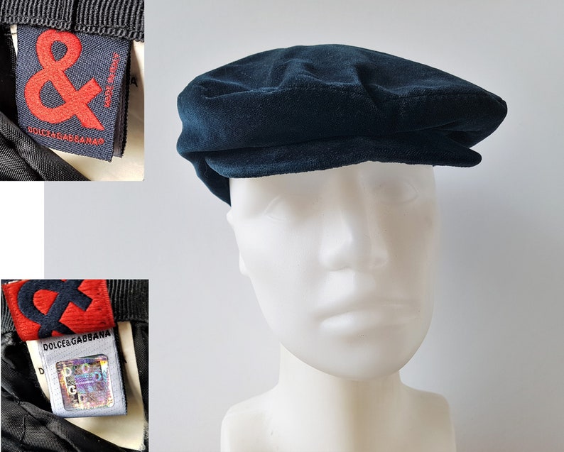 Vintage 90s DOLCE & GABANNA Classic Velvet Newsboy Cap Dark Prussian Blue Cabbie Flat Hat with Snap Brim Made in Italy Authentic Hologram image 2