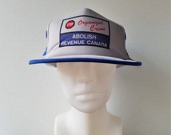 Vintage 80s Trucker Hat - Stop Organized Crime ABOLISH REVENUE CANADA -  Rare Canadian Anti Taxation Political 3 Stripe Mesh Snapback Cap