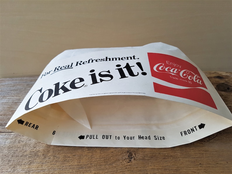Vintage 80s Soda Fountain Jerk Paper Hat Coca Cola 1982 Classy Cap Uniform Advertising Made in USA Lin-N-Look Adjustable Size COKE is it