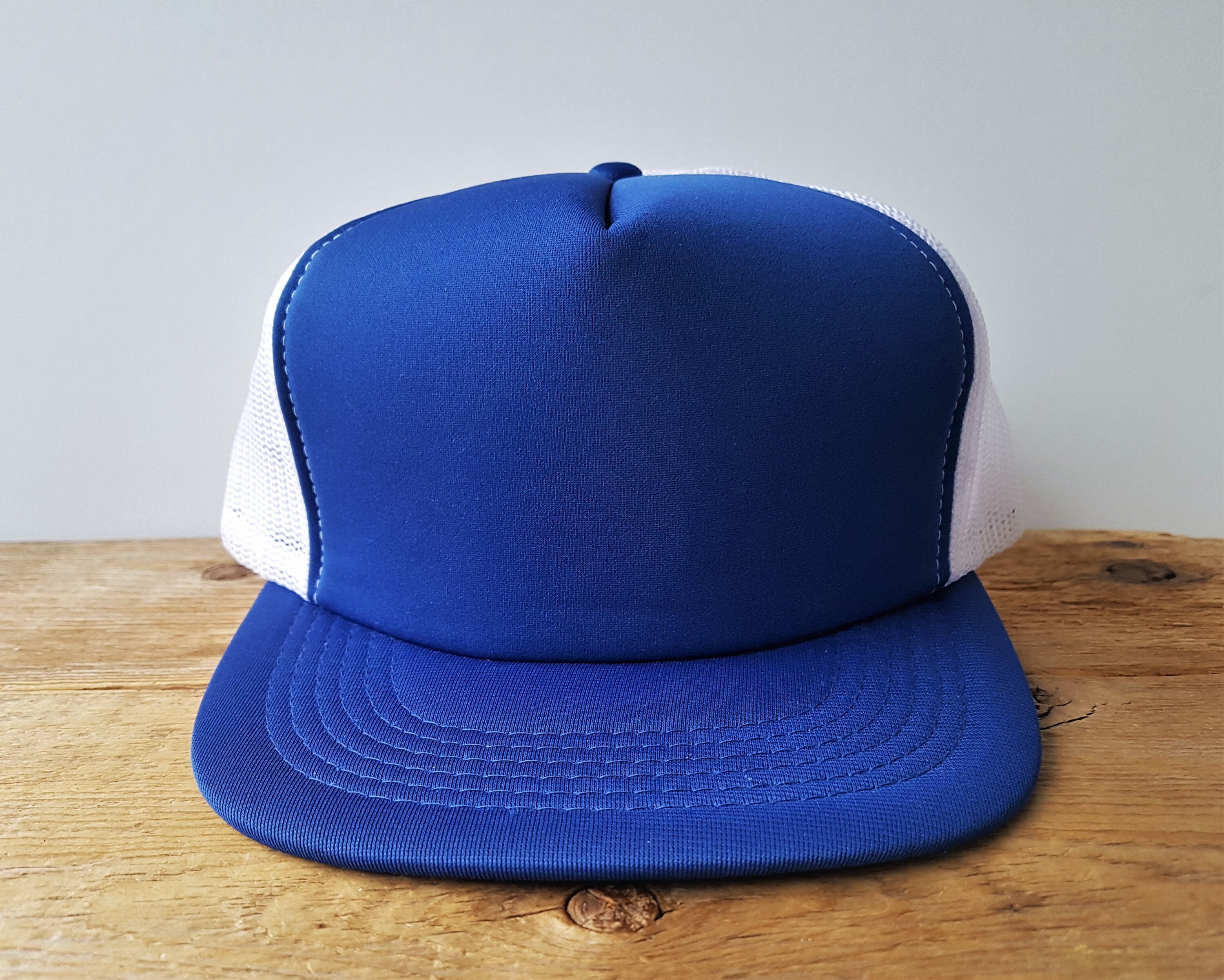 Vintage 80s Blank Blue Polyester White Mesh Trucker Hat