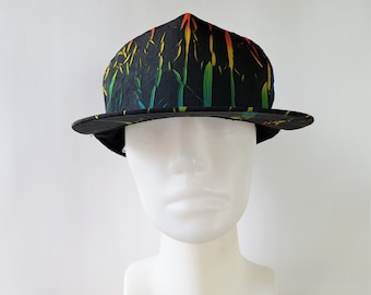 Vintage Rainbow Neon Streaks Black Snapback Hat 80s 90s Retro Aesthetic Fresh Prince Electric Crackly Multi Color Abstract Funky Psychedelic