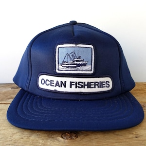 Vintage 80s OCEAN FISHERIES Trucker Hat - Navy Blue Full Foam Insulated Snapback Adjustable Baseball Cap - Canned Seafood Company Retro Hat