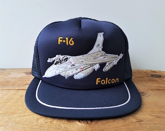 Vintage 80s F-16 Fighting Falcon Trucker Hat Navy Mesh Snapback USAF Fighter Jet Baseball Cap Maplecap Air Force Giant Logo Ballcap