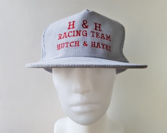 H & H RACING TEAM Hutch and Hayes Vintage 80s Gray Corduroy Trucker Snapback Hat Canadian Adjustable Baseball Cap Wilson M/L Ballcap