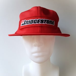 Vintage 80s BRIDGESTONE TIRES Red Mesh Trucker Hat - ACTWU Union Made Canadian Tire Patch Snapback Racing Baseball Cap - Promo Wear Ballcap