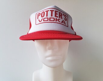 Boné Trucker Vintage da Vodka Potter's dos Anos 80 - Boné de beisebol promocional original de bebida alcoólica com tela vermelha e fecho ajustável - Boné retrô para festas e estilo hipster