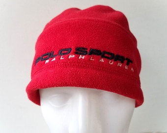 Vintage 90s POLO SPORT Ralph Lauren Red Fleece Beanie Hat - Spell Out Embroidered Toque Ski Cap - One Size Stretchy Adjustable Skull Hat