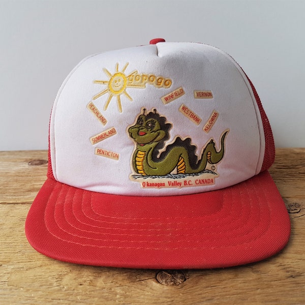 Vintage 80s OGOPOGO Sea Monster Trucker Hat Okanagan Valley Lake N’ha-a-itk Souvenir Snapback Cap Kelowna Peach Summerland Penticton Vernon