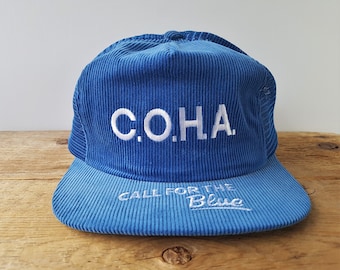 Boné Trucker Vintage Anos 80 da Cerveja LABATT'S BLUE C.O.H.A. - Boné de Beisebol em Veludo Cotelê e Tela da Associação Canadense de Veteranos do Hóquei - Paul Marchesseau Sales