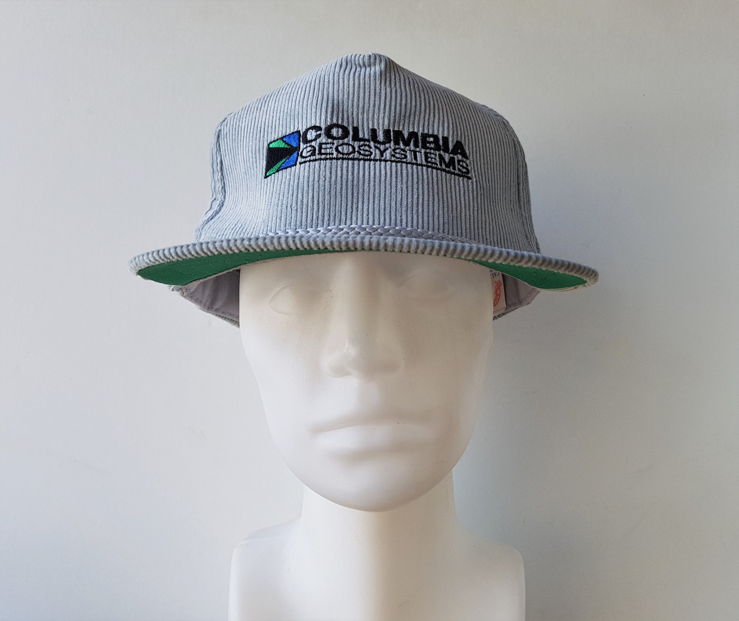 Vintage Columbia GEOSYSTEMS Gray Corduroy Strapback Hat - Rope Lined Calgary Oil & Gas Baseball Cap - Rocky Mountain Sportswear Yupoong Hat