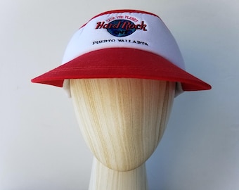 Vintage HARD ROCK CAFE Puerto Vallarta Sun Visor - Save The Planet Retro Strapback Beach Hat - Chain Restaurant Vacation Souvenir Surf Cap