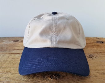 Vintage Khaki Beige & Navy Cotton Strapback Dad Hat Blank Unstructured 2 Tone Baseball Cap - Minimal Plain Relaxed Slouch HSQ Harvard Square