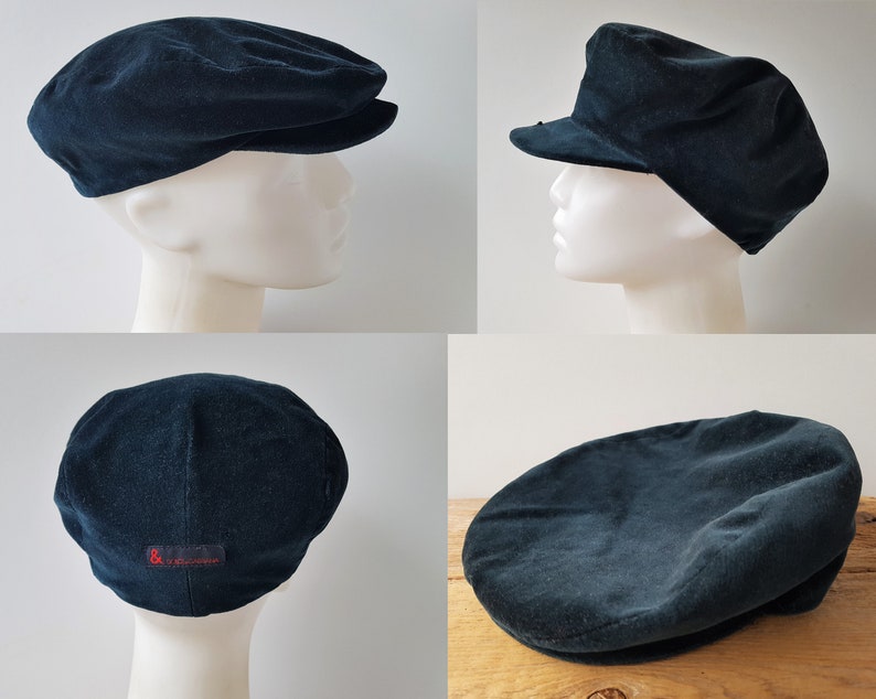 Vintage 90s DOLCE & GABANNA Classic Velvet Newsboy Cap Dark Prussian Blue Cabbie Flat Hat with Snap Brim Made in Italy Authentic Hologram image 10