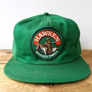 Vintage 80s HAWKEN Smokeless Tobacco Chew Trucker Hat - K-Products Made in USA - Green Mesh Snapback Snuff Dip Brand Patch Baseball Cap