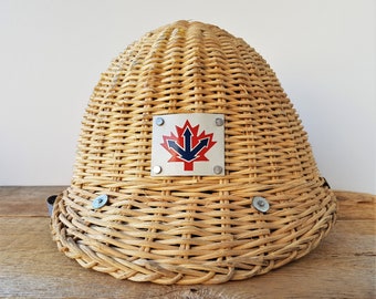 Rare Historic Chinese Worker Hard Hat - Vintage Bamboo Wicker Safety Helmet from Canadian Estate - Port of Vancouver Metal Plated