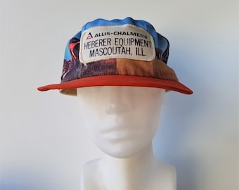 Vintage 1978 ALLiS-CHALMERS Tractor Scene Trucker Hat Made in USA Louisville Snapback - Heberer Equipment Mascoutah ILL Patch Farming Cap