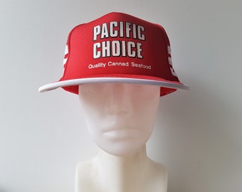 Vintage 80s PACIFIC CHOICE Quality Canned Seafood Trucker Hat 3 Stripe Red Mesh Snapback Seafood Promo Baseball Cap - Retro Side Striped Hat