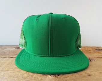 Vintage 70s 80s AJD Green Mesh Blank Trucker Hat Made in USA Snapback "Large" Double Knit Baseball Cap Deadstock American Ballcap