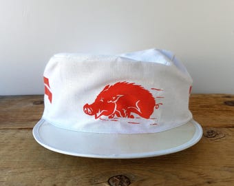 Vintage 80s ARKANSAS RAZORBACKS Painter Hat - The Adcap Line USA Pillbox Style Striped Rare NcAA Collegiate Sports Cap - Sterling Paint Ad