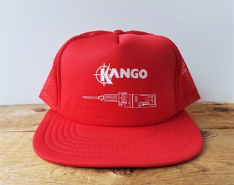 Vintage des années 80 KANGO Jack Hammer électrique Trucker Hat Tool Promo Casquette de baseball réglable Snapback en maille rouge Casquette Canada Casquette de baseball rétro graphique