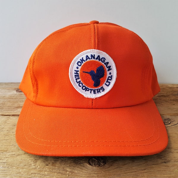 Rare Vintage 70s OKANAGAN HELICOPTERS Orange Uniform Snapback Hat Defunct Helicopter Cap Hummingbird Logo Patch Union Made in Canada Ballcap