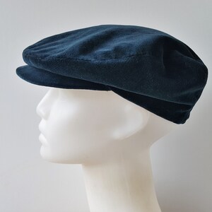 Vintage 90s DOLCE & GABANNA Classic Velvet Newsboy Cap Dark Prussian Blue Cabbie Flat Hat with Snap Brim Made in Italy Authentic Hologram image 3