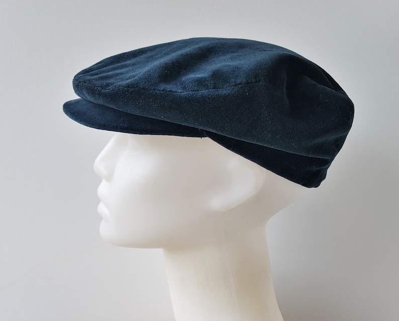 Vintage 90s DOLCE & GABANNA Classic Velvet Newsboy Cap Dark Prussian Blue Cabbie Flat Hat with Snap Brim Made in Italy Authentic Hologram image 3