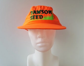 Vintage 90s DAWSON SEED Orange Neon 5 Panel Hat Adjustable Nylon Cap Made in Canada Tristar Cap & Garment Fluorescent Golf Lawn Turf Promo
