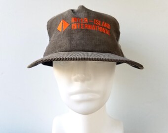 Vintage INTER-ISLAND INTERNATIONAL Trucks Corduroy Trucker Hat K-Brand Snapback Mesh Back Adjustable Embroidered Baseball Cap Made in Canada