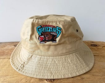 Vintage 90s VANCOUVER GRIZZLIES Beige Cotton Khaki Bucket Hat - Vented Fishing Basketball Sun Beach Cap 1 Size Rare NBA Defunct Team Memphis