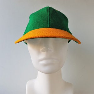Vintage 70s FUNKAP Wool Flannel Hat Made in USA Blank 2 Tone Green & Yellow Baseball Dad Cap Size Small 6 Panel Elasticized Ballcap