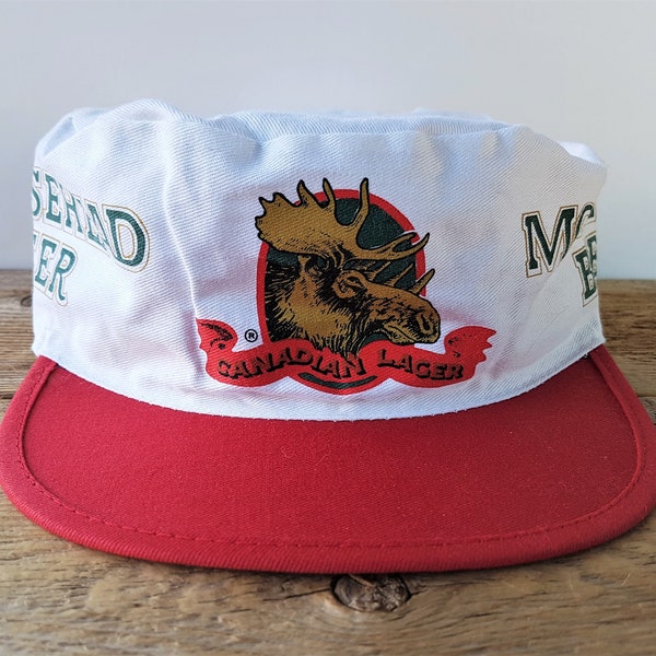 Vintage 80s MOOSEHEAD BEER Canadian Lager Painter Hat Pillbox Style Retro Cap Promo Elasticized Fit Crowd Caps Deadstock