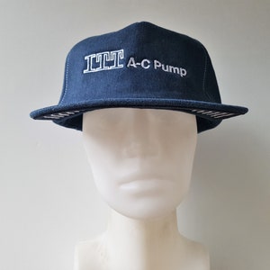 Vintage ITT A-C Pump Blue Denim Trucker Snapback Hat Made in USA Stitched Jean Promo Baseball Cap Original Rare Centrifugal Pumps Ballcap
