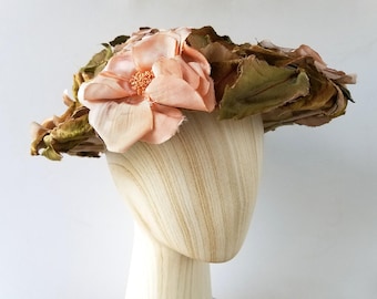 Vintage 1940s FRANCOIS Paris New York Authentic Millinery Designer Hat - Art Deco Flowers & Velvet Leaves Mushroom Garden Floral Church Hat
