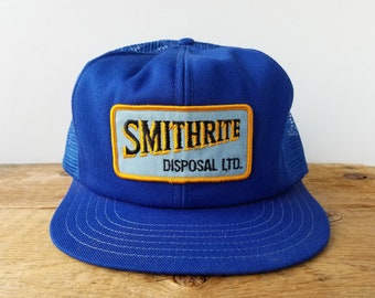 Vintage 80s SMITHRITE DISPOSAL Ltd Trucker Hat - Blue Mesh Snapback Baseball Cap - Victory Caps Made in Canada - Defunct Patch Retro Ballcap