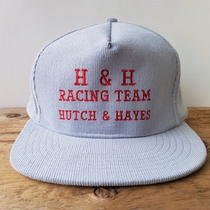 H & H RACING TEAM Hutch and Hayes Vintage 80s Gray Corduroy Trucker Snapback Hat Canadian Adjustable Baseball Cap Wilson M/L Ballcap