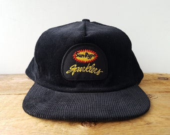 Vintage 80s 90s Sun-Rype SPARKLERS Black Corduroy Snapback Hat - Defunct Non Alcoholic Fruit Juice Beverage Promo Baseball Cap - by Club 21