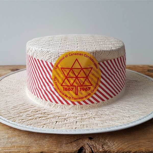 Vintage 1960s Straw Woven Boater Hat / 1967 Centennial of Canadian Confederation / Candy Striper 60s Skimmer Hat / World Fair Expo 67