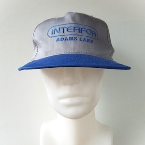 Puede incluir: Gorra de béisbol gris y azul con el texto "INTERFOR ADAMS LAKE" bordado en azul. La gorra tiene una visera azul y una corona gris. El sombrero se muestra en una cabeza de maniquí.