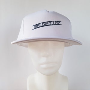 Vintage 80s BUSCH&#39;S Beer All White Mesh Trucker Snapback Hat Busch Promo Baseball Cap Old School Minimal G.T. Lanning Ballcap