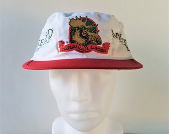 Vintage 80s MOOSEHEAD BEER Canadian Lager Painter Hat Pillbox Style Retro Cap Promo Elasticized Fit Crowd Caps Deadstock