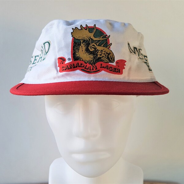 Vintage 80s MOOSEHEAD BEER Canadian Lager Painter Hat Pillbox Style Retro Cap Promo Elasticized Fit Crowd Caps Deadstock