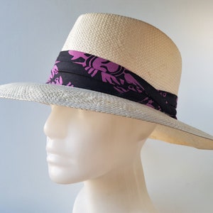 Vintage Panama Straw Woven Hat Cream White Tone Purple Tiki Ribbon & Gambler Crown by FITS Brand Midway Industries - Size Large Adult Canada