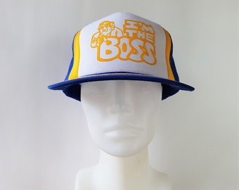 I'M THE BOSS Trucker Hat Original Vintage 80s Snapback Hat Blue Mesh Serious Manager Cap Rare Mean Retro Funny Business Gag Young An Ballcap