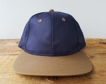 Vintage Navy Blue & Brown 6 Panel Adjustable Blank Hat - AJM Adult Baseball Cap - Cotton Poly Minimal Plain Deadstock No Logo 2 Tone Ballcap