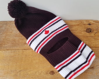 Vintage 80s Knit Ski Mask Balaclava: Brown Retro Stripes Maple Leaf Pom Pom