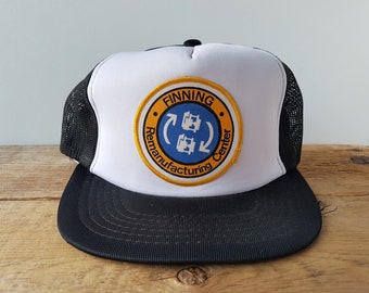 Vintage 80s FINNING Remanufacturing Center Caterpillar Parts Trucker Hat Original Black Mesh Snapback CAT Promo Cap Tractor Equipment Repair