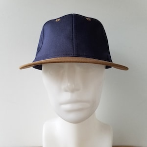 Vintage Navy Blue & Brown 6 Panel Adjustable Blank Hat - AJM Adult Baseball Cap - Cotton Poly Minimal Plain Deadstock No Logo 2 Tone Ballcap