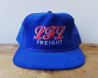 Vintage LFL Freight Corduroy Rope Lined Trucker Hat - Langley Freight Lines - Blue Mesh Snapback Promo Cap Headline Headwear Ballcap